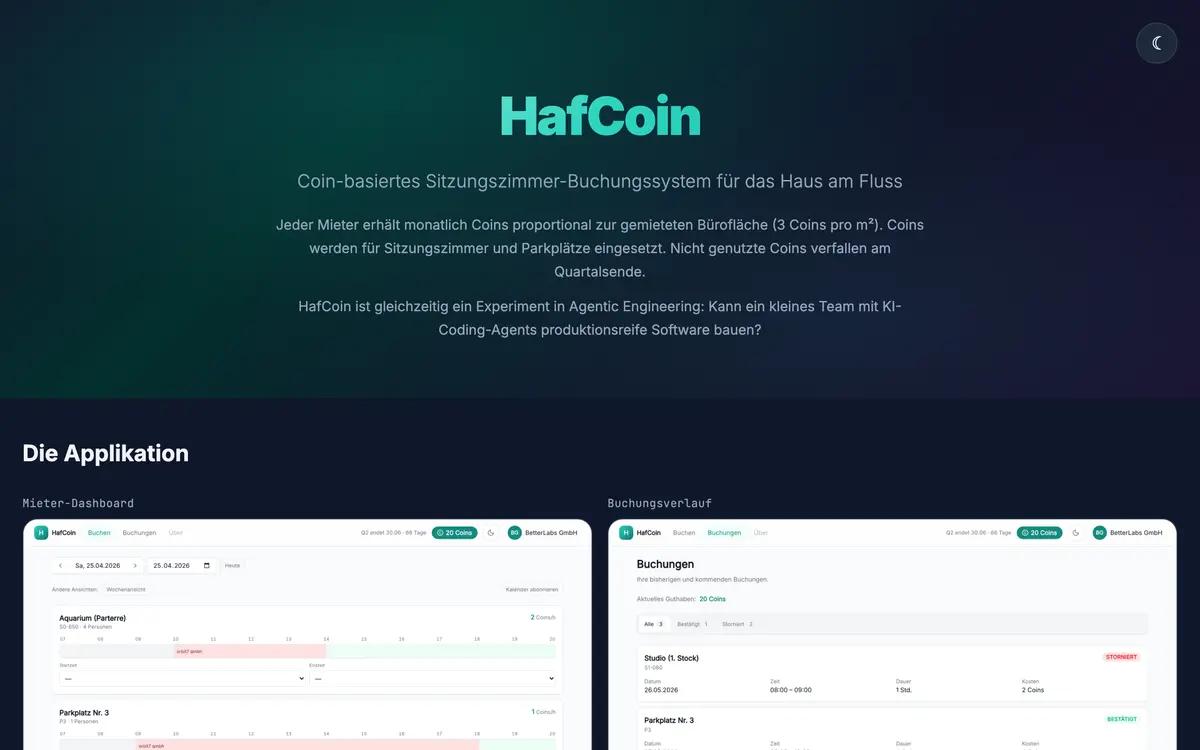 The HafCoin dashboard for booking coworking rooms and parking.