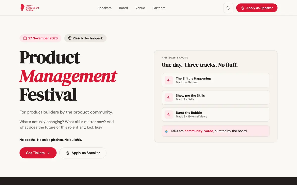 The Product Management Festival website homepage.
