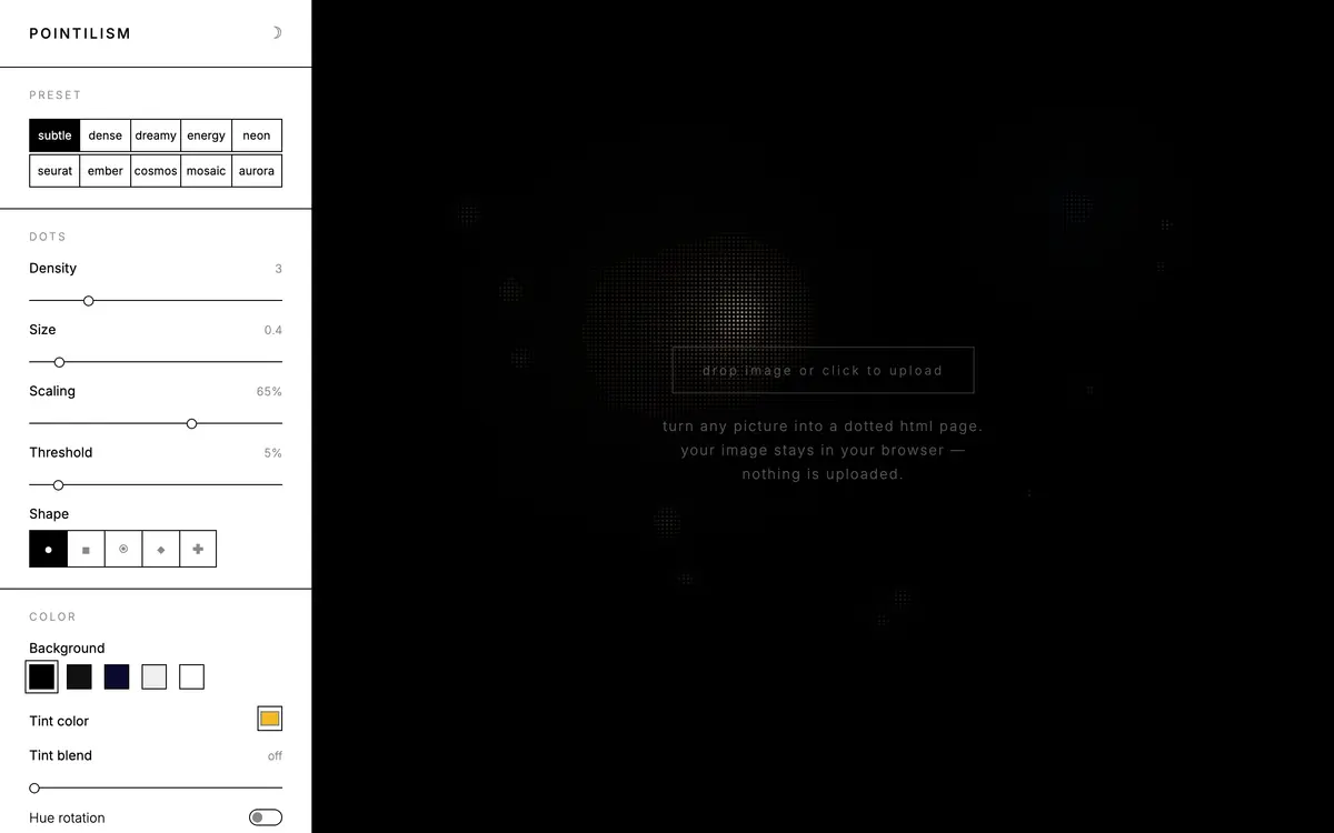 The pointillism web app turning a photo into a field of coloured dots.